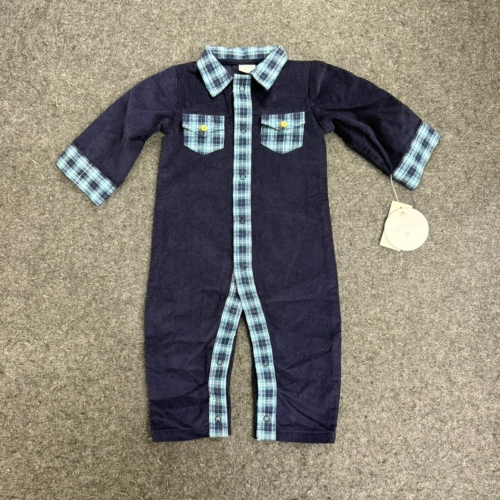 NEW Edgehill Collection Baby Boys Navy‎ Corduroy Plaid Romper Jumpsuit 9M